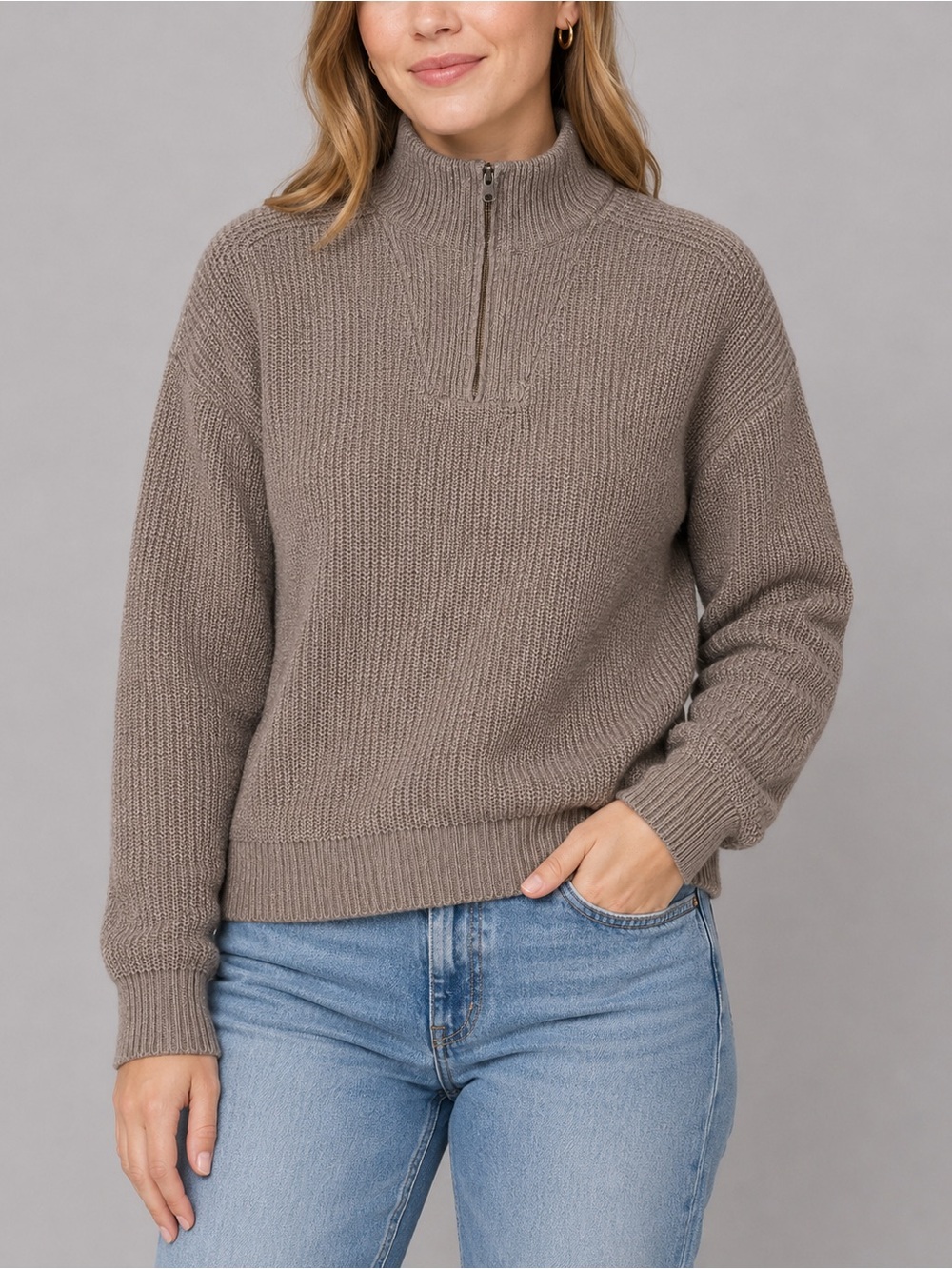 Modern Ambition Women’s Taupe Knit Quarter-Zip Sweater Size M Merino Wool Blend